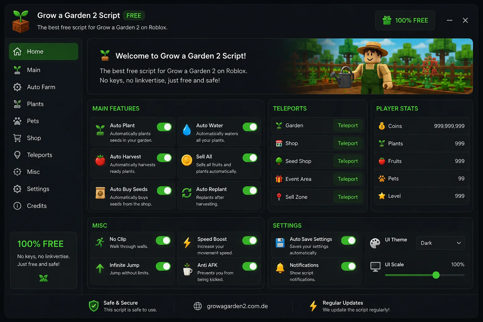 Grow a Garden 2 Script GUI — Auto Farm, Teleports, Player Stats panels