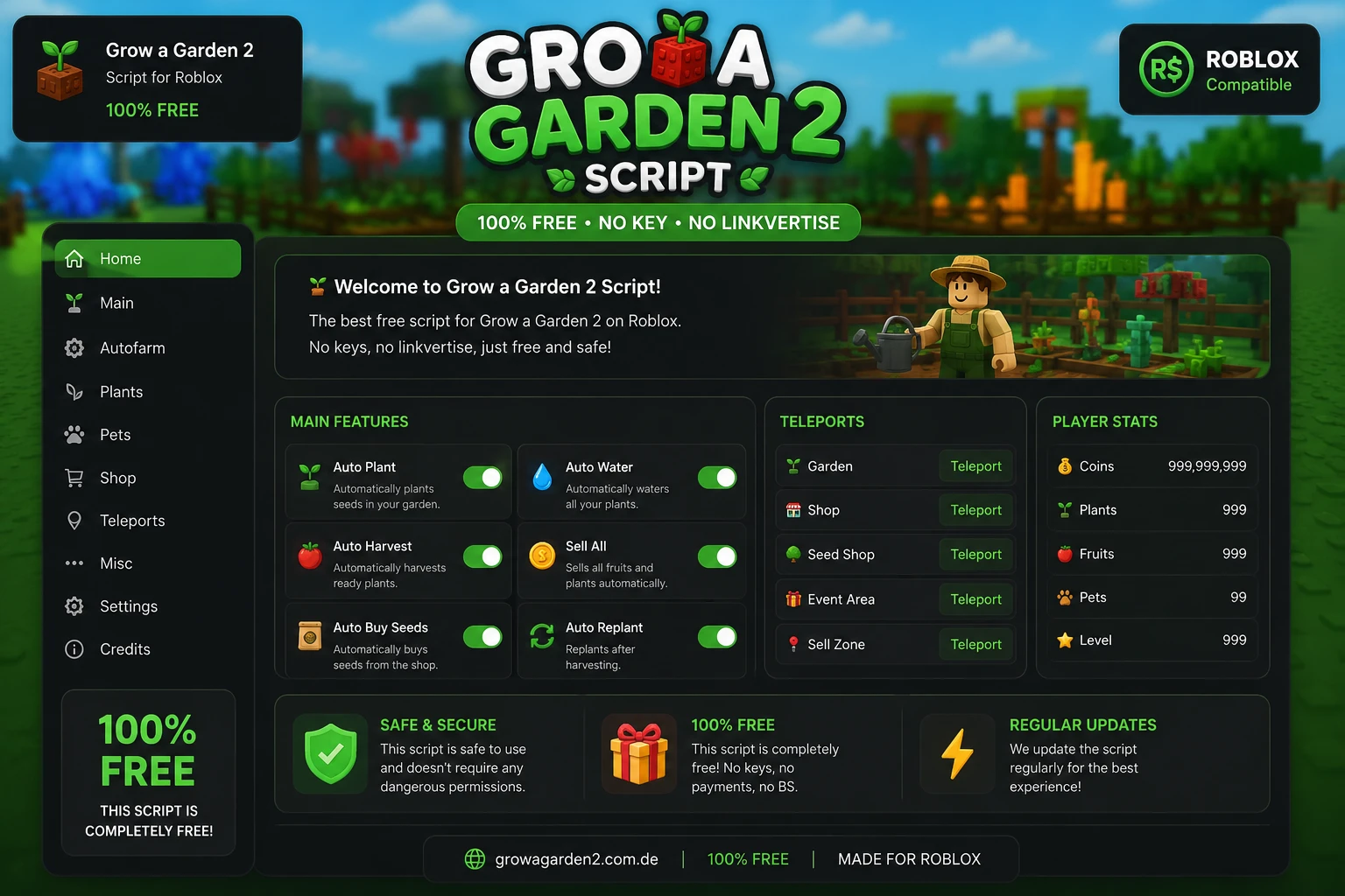 Grow a Garden 2 Script interface preview — Auto Farm GUI showing Auto Plant, Auto Harvest, Auto Sell toggles and Player Stats panel